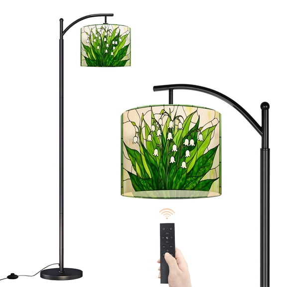 Arc Floor Lamp with Adjustable Lampshade Stained Glass Design White Lily Valley Flowers Green Leaves Standing Lamp 3 Color Temperatures Dimmable Tall Pole Lamp with Foot Switch for Bedroom