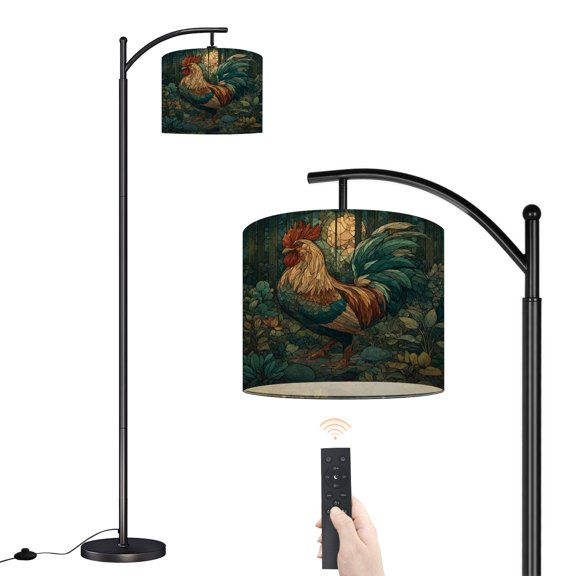 Arc Floor Lamp with Adjustable Lampshade Stained Glass Rooster Forest Dawn Vibrant Colors Standing Lamp 3 Color Temperatures Dimmable Tall Pole Lamp with Foot Switch for Bedroom Farmhouse Decor
