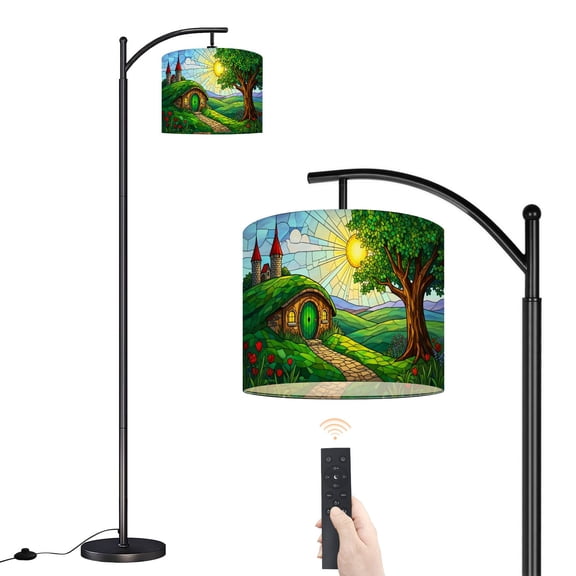Arc Floor Lamp with Adjustable Lampshade Stained Glass Style Fantasy Landscape House Tree Castle Standing Lamp 3 Color Temperatures Dimmable Tall Pole Lamp with Foot Switch for Bedroom