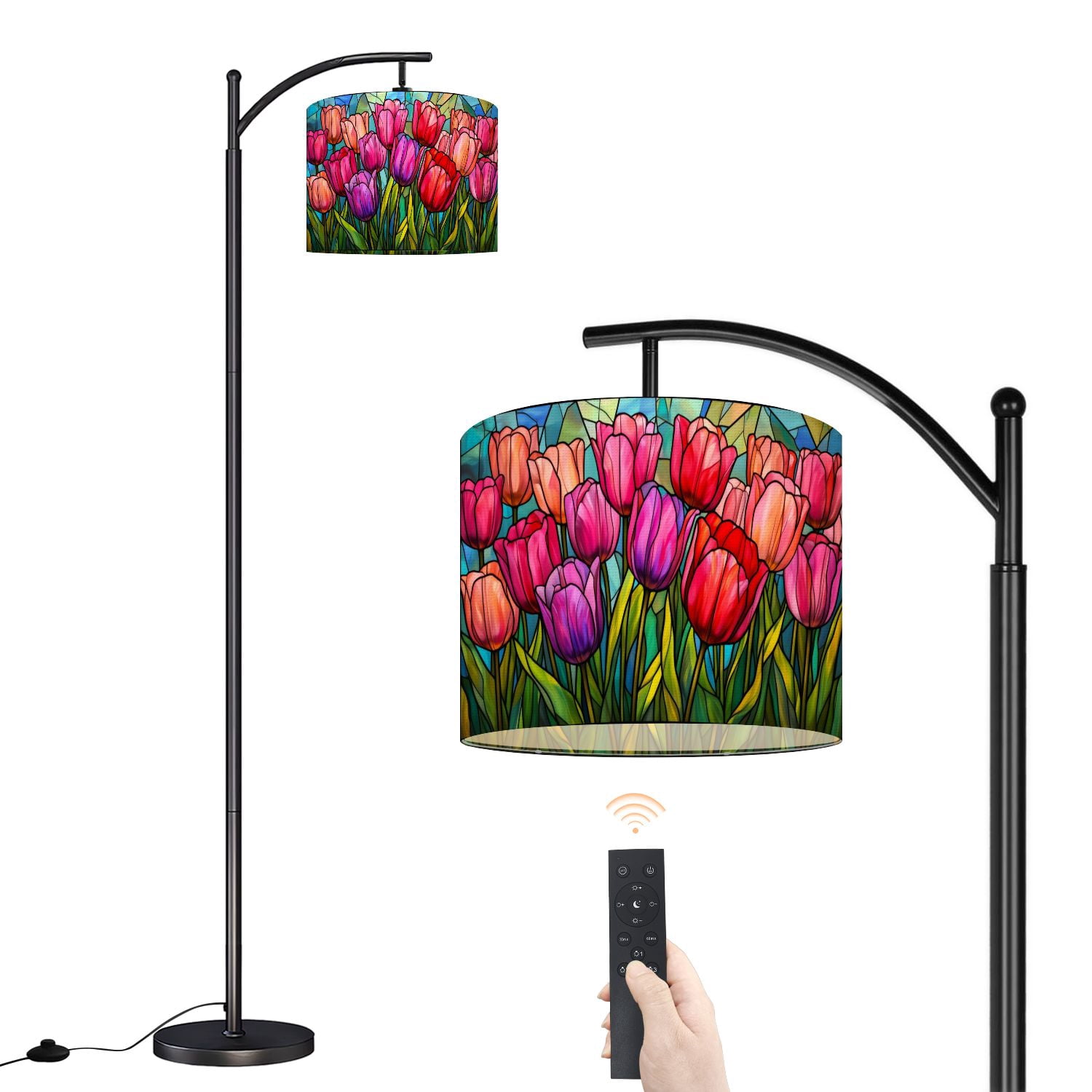 Arc Floor Lamp with Adjustable Lampshade Stained Glass Tulip Garden Vibrant Pink Red Blooms Standing Lamp 3 Color Temperatures Dimmable Tall Pole Lamp with Foot Switch for Bedroom Over Couch