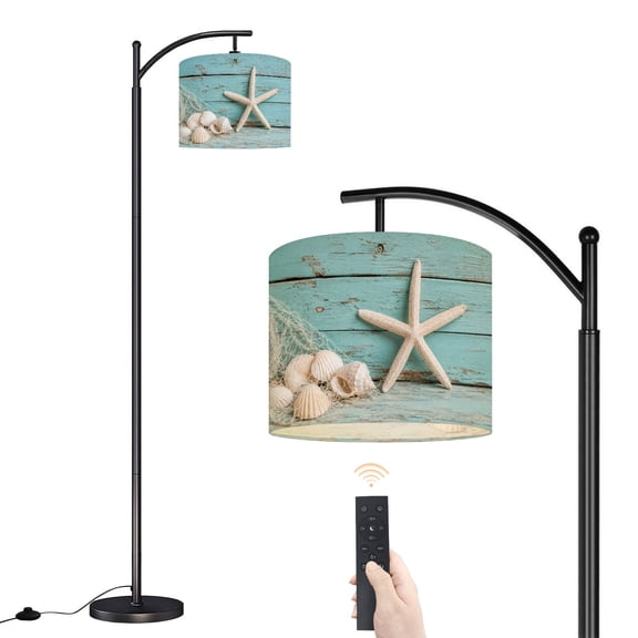 Arc Floor Lamp with Adjustable Lampshade Starfish Shell Teal Beach Nature Seashells Fishing Net Weathered Wood Standing Lamp 3 Color Temperatures Dimmable Tall Pole Lamp with Foot Switch for Bedroom