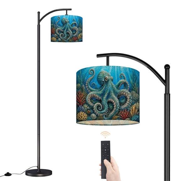 Arc Floor Lamp with Adjustable Lampshade Teal Blue Ocean Octopus Coral Reefs Standing Lamp 3 Color Temperatures Dimmable Tall Pole Lamp with Foot Switch for Bedroom