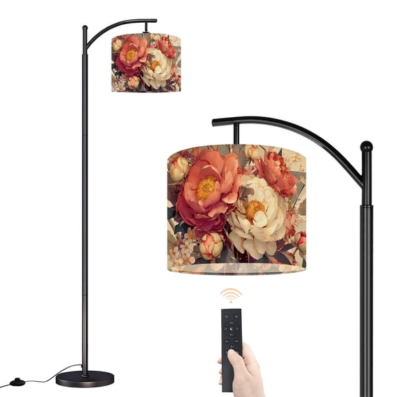 Arc Floor Lamp with Adjustable Lampshade Terracotta Floral Abstract Wall Art Geometric Flow Standing Lamp 3 Color Temperatures Dimmable Tall Pole Lamp with Foot Switch for Bedroom