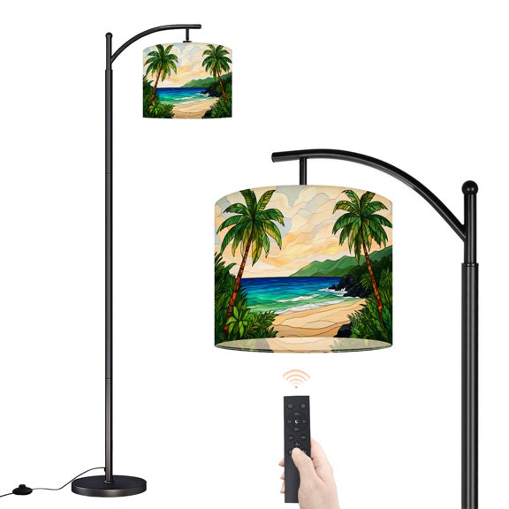 Arc Floor Lamp with Adjustable Lampshade Tropical Beach Palm Trees Ocean Waves Stained Glass Style Standing Lamp 3 Color Temperatures Dimmable Tall Pole Lamp with Foot Switch for Bedroom