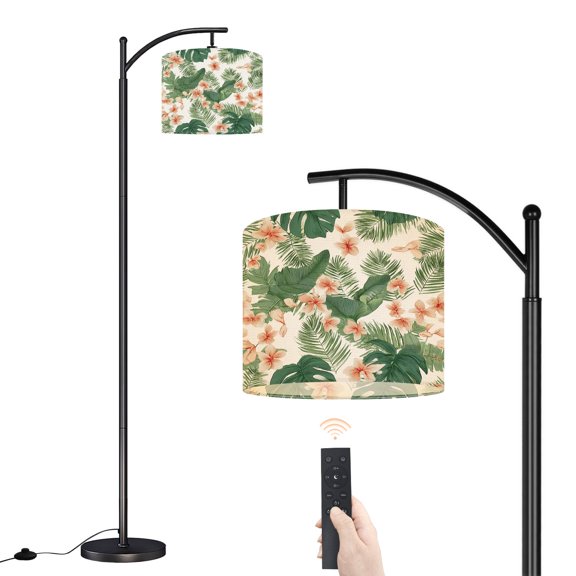 Arc Floor Lamp with Adjustable Lampshade Tropical Floral Hibiscus Palm Leaves Standing Lamp 3 Color Temperatures Dimmable Tall Pole Lamp with Foot Switch for Bedroom