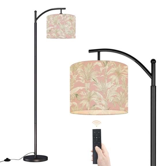 Arc Floor Lamp with Adjustable Lampshade Tropical Palm Leaf Blush Pink Standing Lamp 3 Color Temperatures Dimmable Tall Pole Lamp with Foot Switch for Bedroom