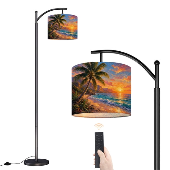 Arc Floor Lamp with Adjustable Lampshade Tropical Palm Tree Beach Blue Ocean Sea Wave Scenery Waves Standing Lamp 3 Color Temperatures Dimmable Tall Pole Lamp with Foot Switch for Bedroom