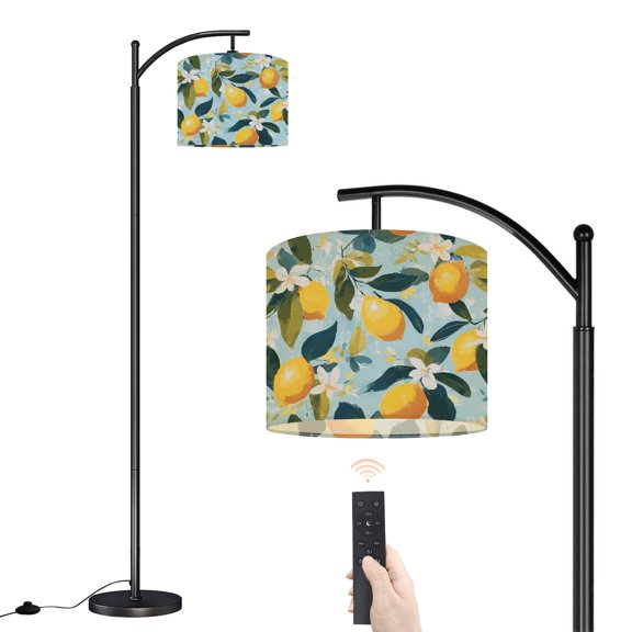 Arc Floor Lamp with Adjustable Lampshade Vibrant Lemon Blossom Blue Standing Lamp 3 Color Temperatures Dimmable Tall Pole Lamp with Foot Switch for Bedroom