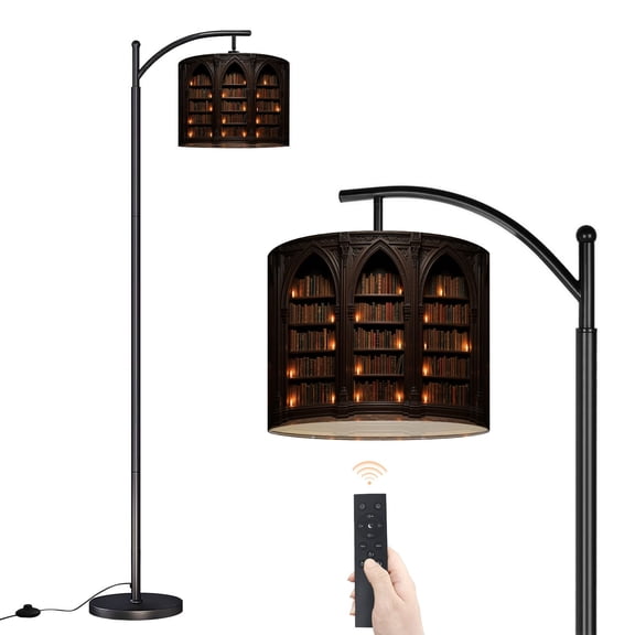 Arc Floor Lamp with Adjustable Lampshade Vintage Bookshelf Library Bookshelf Wooden Bookshelves Lit Standing Lamp 3 Color Temperatures Dimmable Tall Pole Lamp with Foot Switch for Bedroom