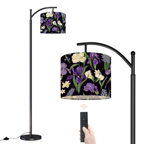 Arc Floor Lamp with Adjustable Lampshade Vintage Botanical Purple White Irises Daffodils Dark Standing Lamp 3 Color Temperatures Dimmable Tall Pole Lamp with Foot Switch for Bedroom Reading Room