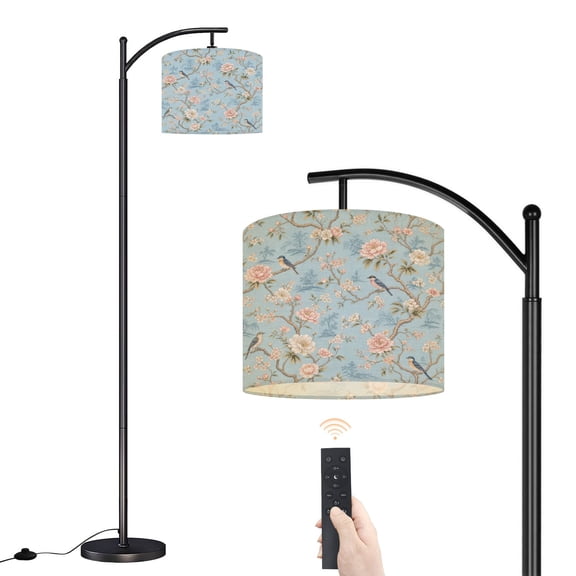 Arc Floor Lamp with Adjustable Lampshade Vintage Floral Birds Light Blue Standing Lamp 3 Color Temperatures Dimmable Tall Pole Lamp with Foot Switch for Bedroom