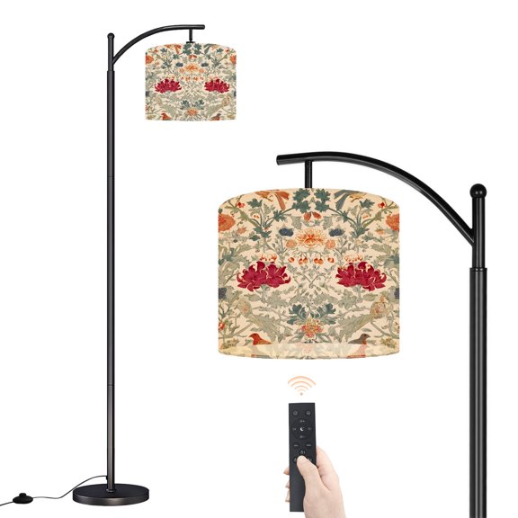 Arc Floor Lamp with Adjustable Lampshade Vintage Floral Birds Warm Tones Greenery Standing Lamp 3 Color Temperatures Dimmable Tall Pole Lamp with Foot Switch for Bedroom Reading