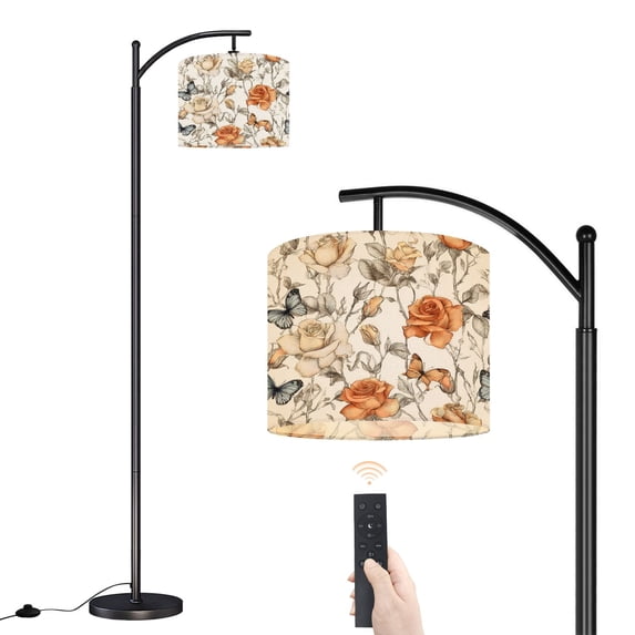 Arc Floor Lamp with Adjustable Lampshade Vintage Floral Roses Butterflies Soft Tones Standing Lamp 3 Color Temperatures Dimmable Tall Pole Lamp with Foot Switch for Bedroom
