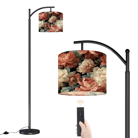 Arc Floor Lamp with Adjustable Lampshade Vintage Floral Soft Roses Dark Leaves Standing Lamp 3 Color Temperatures Dimmable Tall Pole Lamp with Foot Switch for Bedroom