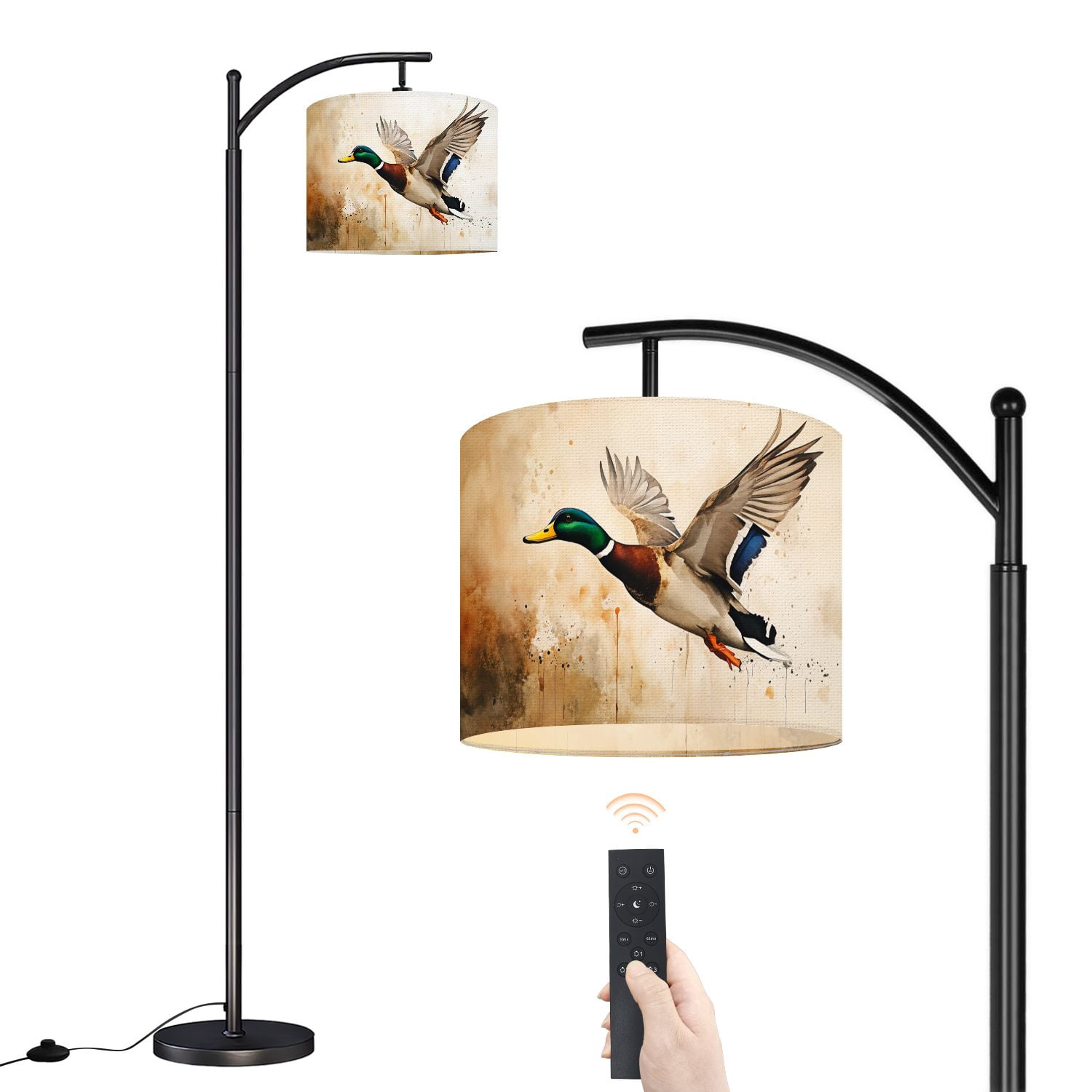 Arc Floor Lamp with Adjustable Lampshade Vintage Hunting Deer Turkey Fish Wildlife Lodge Cabin Man Standing Lamp 3 Color Temperatures Dimmable Tall Pole Lamp with Foot Switch for Bedroom