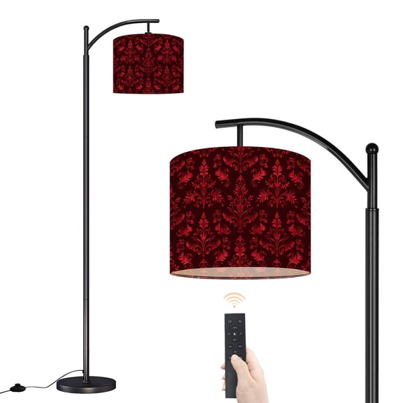 Arc Floor Lamp with Adjustable Lampshade Vintage Red Gothic Floral Scroll Motifs Acanthus Leaf Forms Standing Lamp 3 Color Temperatures Dimmable Tall Pole Lamp with Foot Switch for Bedroom