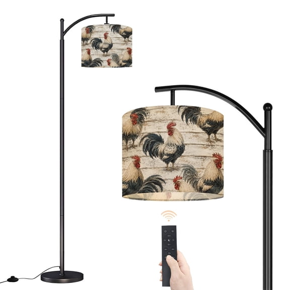 Arc Floor Lamp with Adjustable Lampshade Vintage Roosters Weathered Wood Planks Detailed Feathers Red Standing Lamp 3 Color Temperatures Dimmable Tall Pole Lamp with Foot Switch for Bedroom