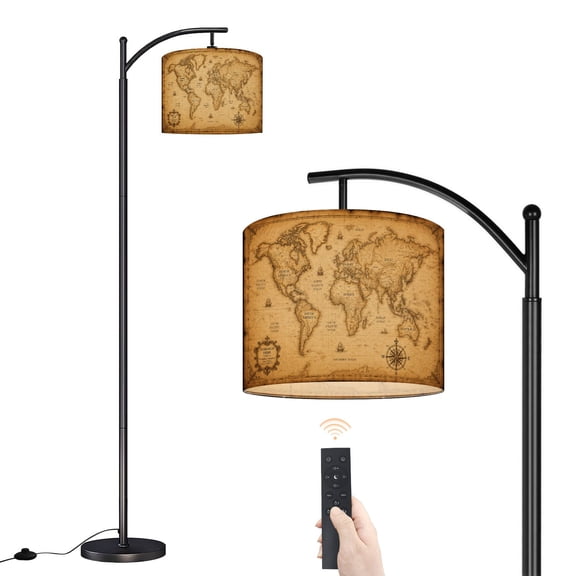 Arc Floor Lamp with Adjustable Lampshade Vintage world map an old stained parchment Standing Lamp 3 Color Temperatures Dimmable Tall Pole Lamp with Foot Switch for Bedroom