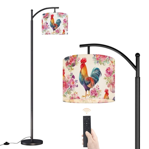 Arc Floor Lamp with Adjustable Lampshade Watercolor Roosters Floral Bouquet Vibrant Colors Standing Lamp 3 Color Temperatures Dimmable Tall Pole Lamp with Foot Switch for Bedroom