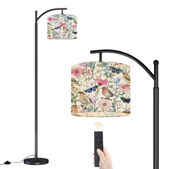 Arc Floor Lamp with Adjustable Lampshade Watercolor Wildflower Bird Garden Butterflies Standing Lamp 3 Color Temperatures Dimmable Tall Pole Lamp with Foot Switch for Bedroom Bulb Included