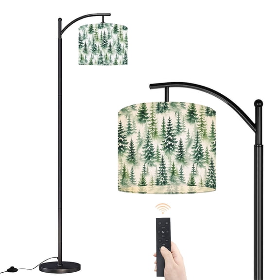 Arc Floor Lamp with Adjustable Lampshade Watercolor evergreen forest Pine trees seamless border Winter Standing Lamp 3 Color Temperatures Dimmable Tall Pole Lamp with Foot Switch for Bedroom