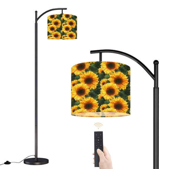 Arc Floor Lamp with Adjustable Lampshade Watercolor floral seamless sunflowers Design for fashion clothing Standing Lamp 3 Color Temperatures Dimmable Tall Pole Lamp with Foot Switch for Bedroom