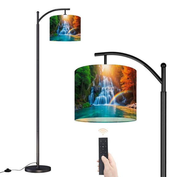 Arc Floor Lamp with Adjustable Lampshade Waterfall Rainbow Landscape Nature Forest Greenery Autumn Standing Lamp 3 Color Temperatures Dimmable Tall Pole Lamp with Foot Switch for Bedroom