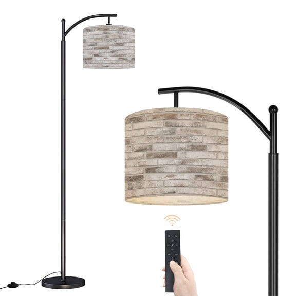 Arc Floor Lamp with Adjustable Lampshade White Brown Rustic Brick Wall Standing Lamp 3 Color Temperatures Dimmable Tall Pole Lamp with Foot Switch for Bedroom