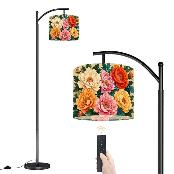 Arc Floor Lamp with Adjustable Lampshade White Floral Removable Flower Peony Flowers Leaves Floral Patterns Standing Lamp 3 Color Temperatures Dimmable Tall Pole Lamp with Foot Switch for Bedroom