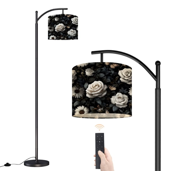 Arc Floor Lamp with Adjustable Lampshade White Roses Butterflies Dark Botanical Floral Standing Lamp 3 Color Temperatures Dimmable Tall Pole Lamp with Foot Switch for Bedroom Reading Room