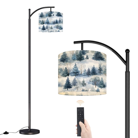 Arc Floor Lamp with Adjustable Lampshade Winter Forest Snowy Trees Blue White Watercolor Style Standing Lamp 3 Color Temperatures Dimmable Tall Pole Lamp with Foot Switch for Bedroom