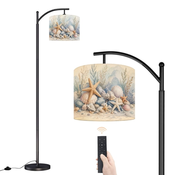 Arc Floor Lamp with Adjustable Lampshade beige sea shells stars pebbles watercolor pebble Hand Standing Lamp 3 Color Temperatures Dimmable Tall Pole Lamp with Foot Switch for Bedroom