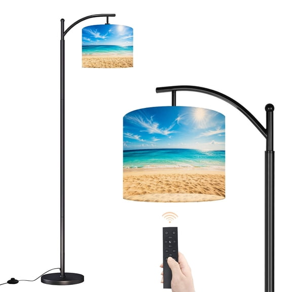 Arc Floor Lamp with Adjustable Lampshade seascape sun blue sky Standing Lamp 3 Color Temperatures Dimmable Tall Pole Lamp with Foot Switch for Bedroom