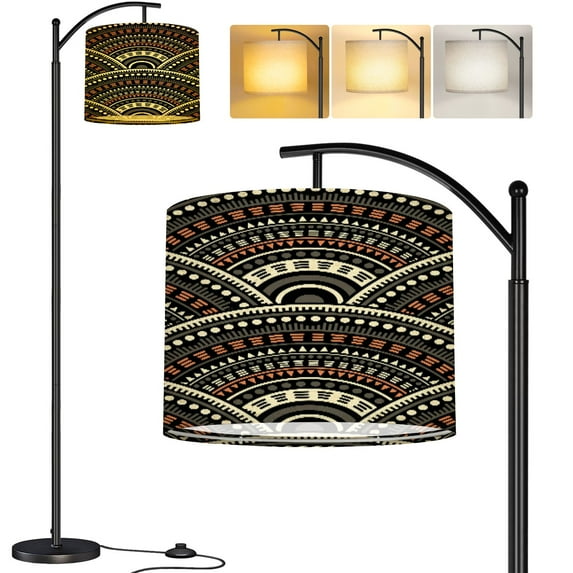 Arc Floor Lamp African overlapping circles tile design seamless pattern Tribal motifs Tall Modern Standing Lamp LED Adjustable Linen Lampshade 3 Color Temperatures
