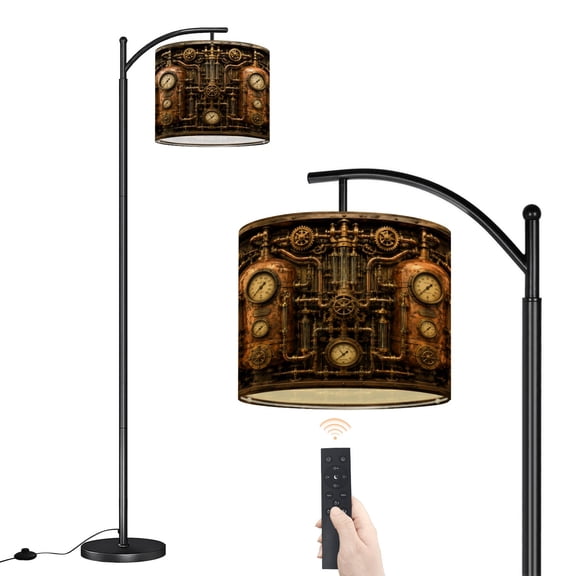 Arc Floor Lamp Antique Steampunk Retro Vintage Old Metal Gear Distiller Ancient Gears Dimmable Modern Standing Lamp with Remote Adjustable Drum Shade Footswitch Tall Pole Lamp for Living Room Bedroom
