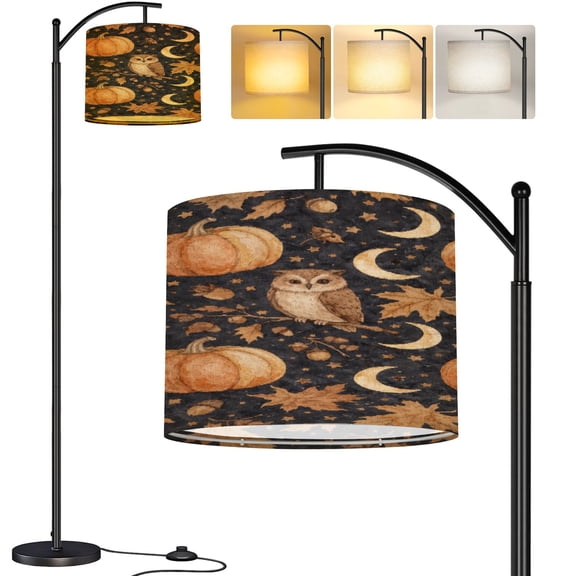 Arc Floor Lamp Autumn Owl Pumpkins Moon Leaves Tall Modern Standing Lamp LED Adjustable Linen Lampshade 3 Color Temperatures