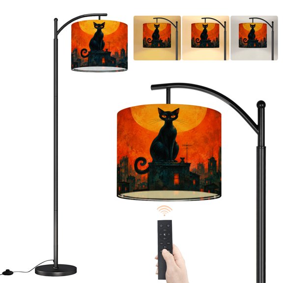 Arc Floor Lamp Black Cat Orange Moon building night Fiery sky gothic Halloween grunge Dimmable Modern Standing Lamp with Remote Adjustable Shade Footswitch Tall Pole Lamp for Living Room Bedroom
