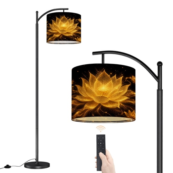 Arc Floor Lamp Black Gold Lotus Flower Yellow Golden Floral Glowing Petals Sparkles Dimmable Modern Standing Lamp with Remote Adjustable Drum Shade Footswitch Tall Pole Lamp for Living Room Bedroom