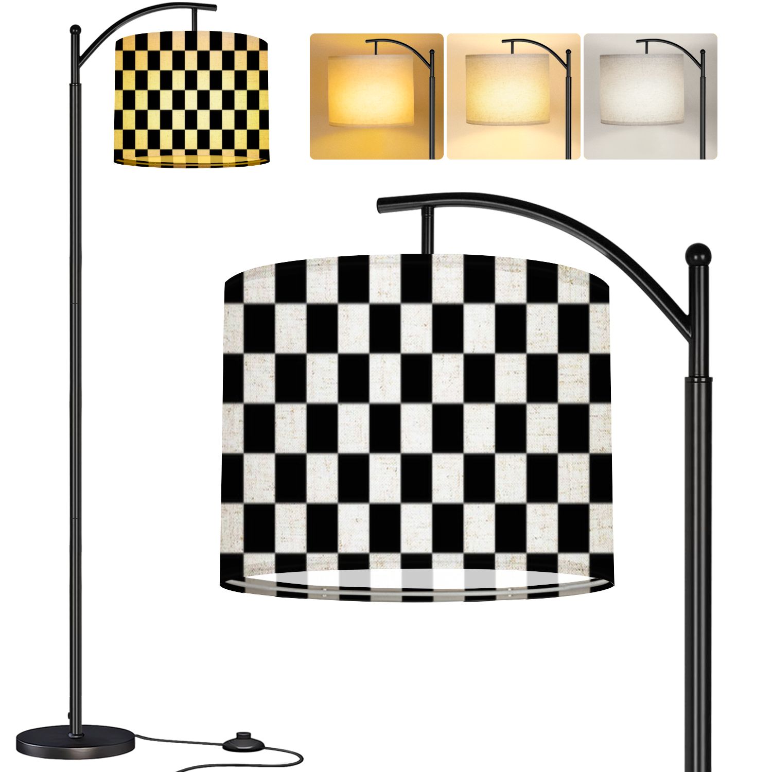 Modern Arc Floor Lamp With Musical Note Design – Adjustable Hanging Linen Shade, 60 Inch Height, Foot Switch