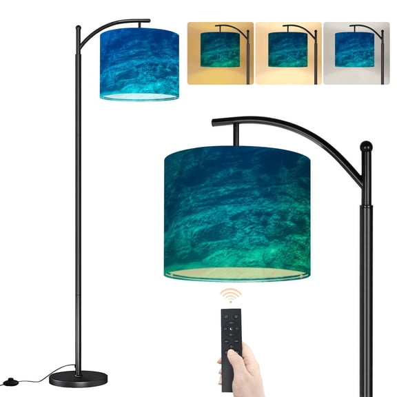 Arc Floor Lamp Blue stained glass sea ocean deep coastal Abstract Bright Material Dimmable Modern Standing Lamp with Remote Adjustable Drum Shade Footswitch Tall Pole Lamp for Living Room Bedroom
