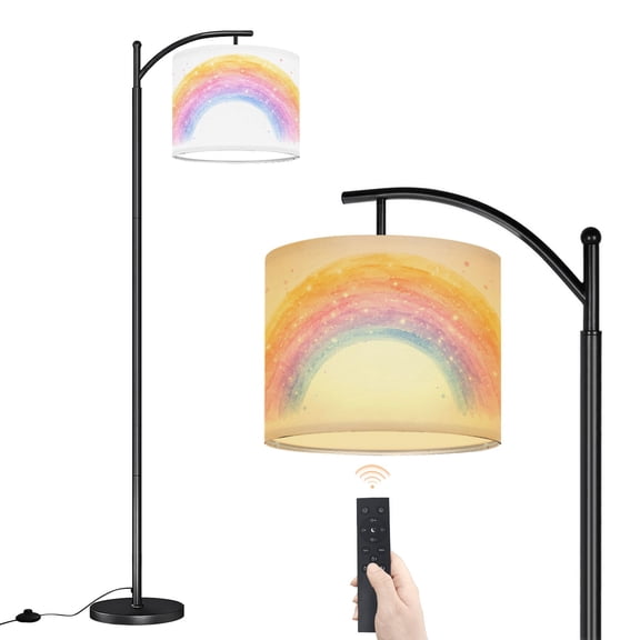 Arc Floor Lamp Boho Rainbow Cute Colorful Dots Color Soft Hues White Specks Light Dimmable Modern Standing Lamp with Remote Adjustable Drum Shade Footswitch Tall Pole Lamp for Living Room Bedroom