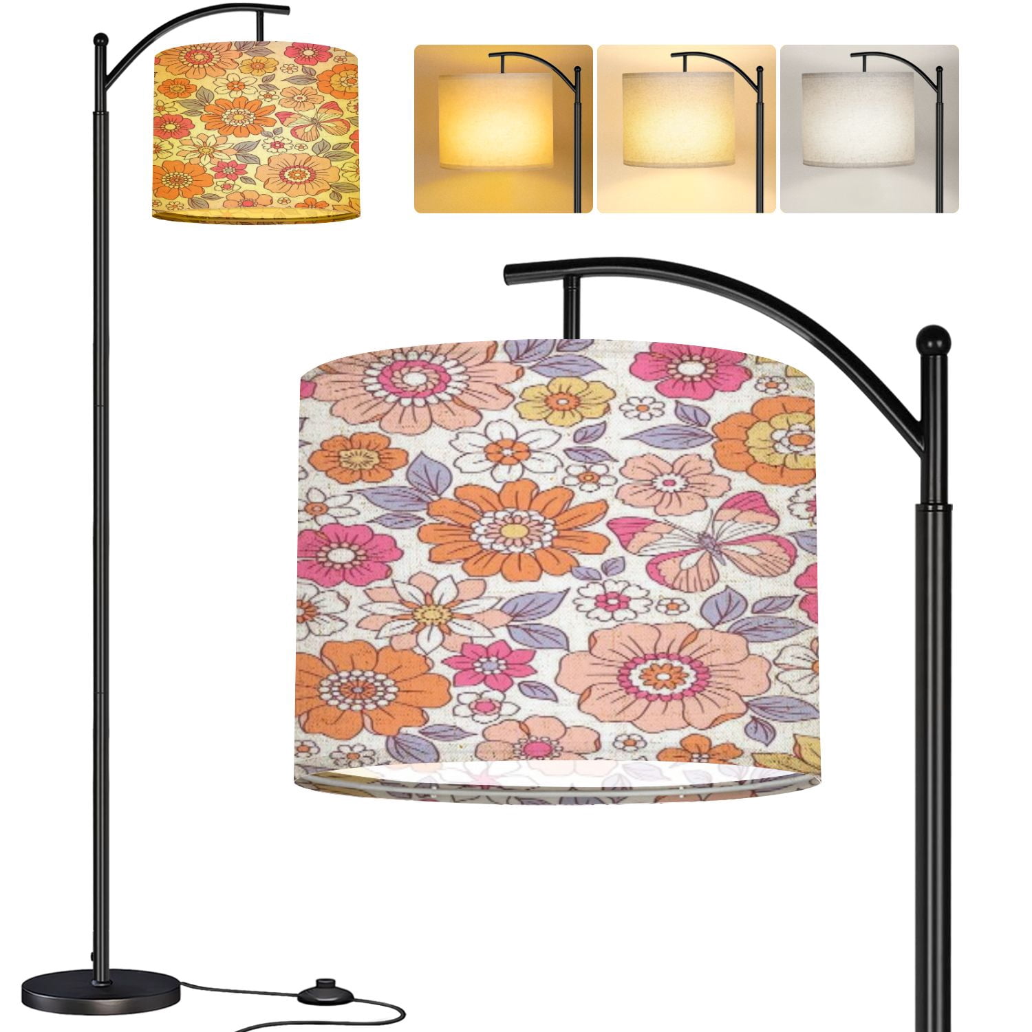 Arc Floor Lamp Colorful 60s 70s style retro hand drawn floral pattern ...