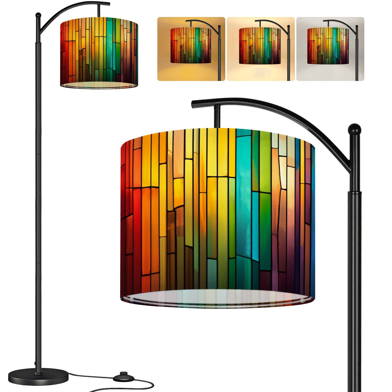 Arc Floor Lamp Colorful stained glass window Abstract stained Tall Modern Standing Lamp LED Adjustable Linen Lampshade 3 Color Temperatures