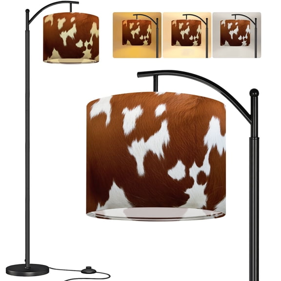 Arc Floor Lamp Cow fur Tall Modern Standing Lamp LED Adjustable Linen Lampshade 3 Color Temperatures