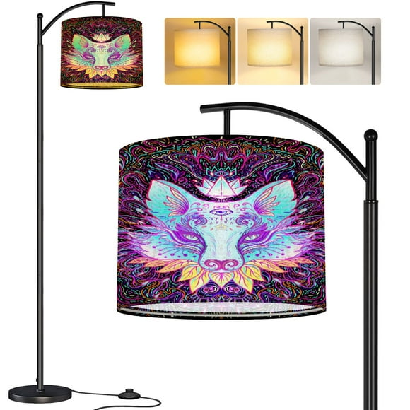 Arc Floor Lamp Cute fox face psychedelic ornate pattern Character tattoo design for Tall Modern Standing Lamp LED Adjustable Linen Lampshade 3 Color Temperatures