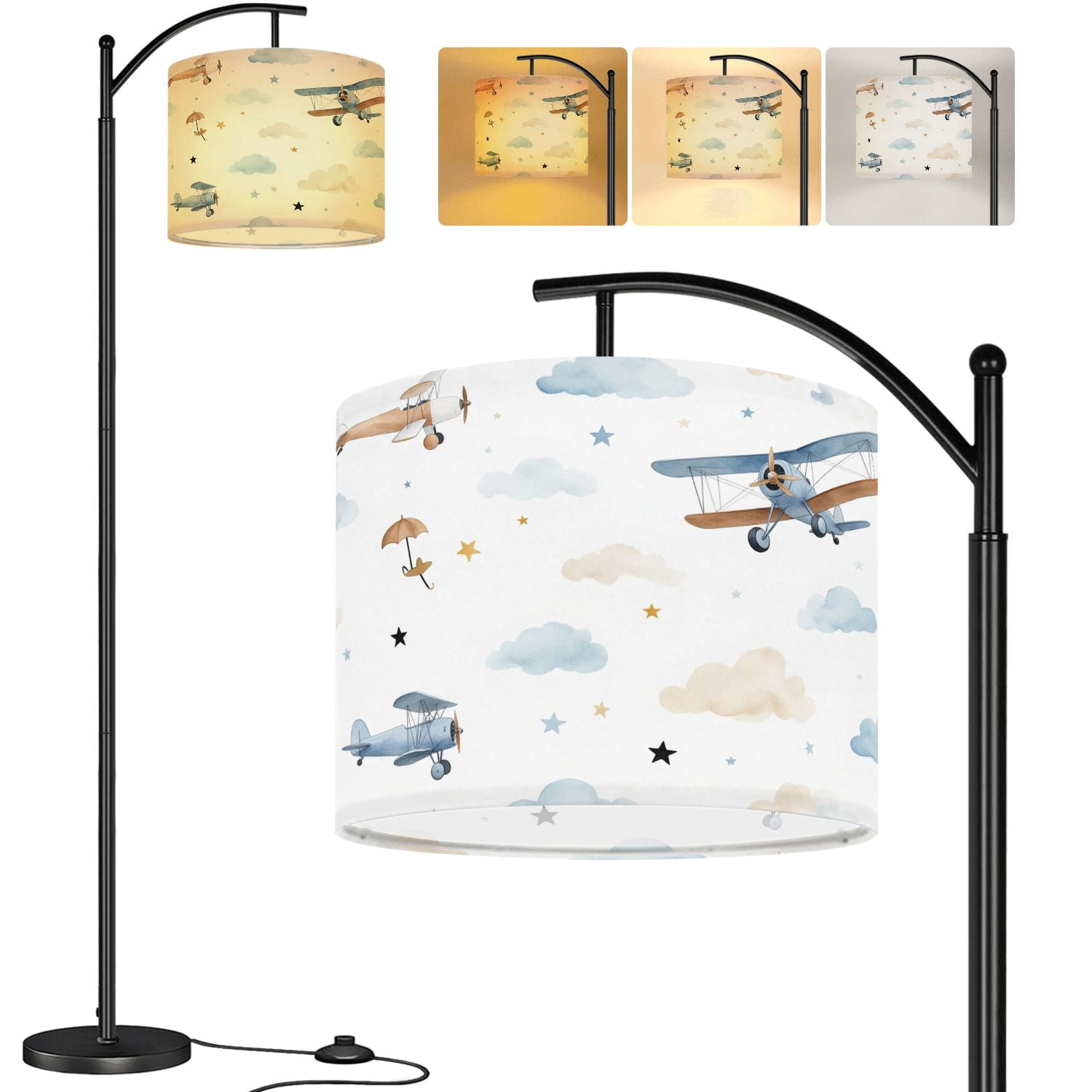Arc Floor Lamp Cute kids watercolor for boy airplanes clouds Tall Modern Standing Lamp LED Adjustable Linen Lampshade 3 Color Temperatures