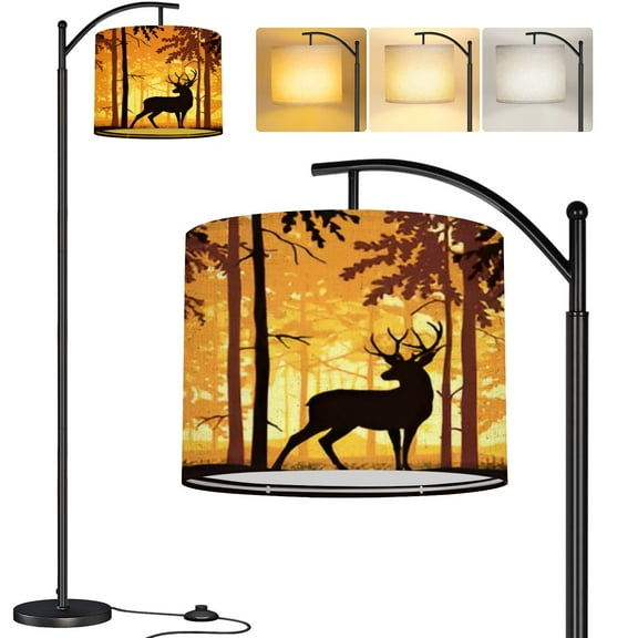 Arc Floor Lamp Deer antlers posing forest silhouettes trees Magical misty landscape Tall Modern Standing Lamp LED Adjustable Linen Lampshade 3 Color Temperatures