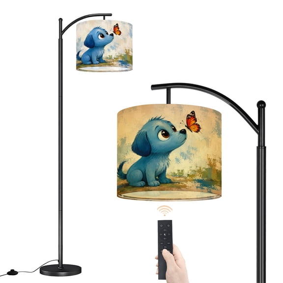Arc Floor Lamp Dog Colorful Animal Pet Puppy Butterfly Modern Blue Red Soft Playful Dimmable Modern Standing Lamp with Remote Adjustable Drum Shade Footswitch Tall Pole Lamp for Living Room Bedroom