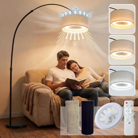 Arc Floor Lamp with Fan Dimmable Standing Lamp with Remote 3 Color Temperatures Adjustable for Living Room Bedroom Bright Reading Lamp with Marble Base