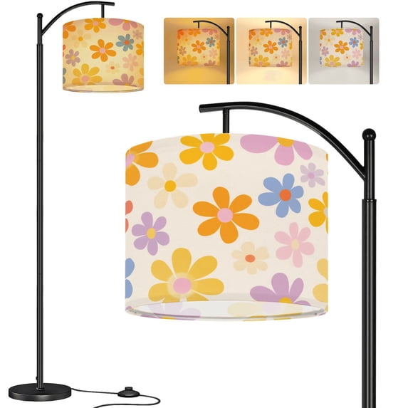 Arc Floor Lamp Floral style 70s groovy daisy Tall Modern Standing Lamp LED Adjustable Linen Lampshade 3 Color Temperatures